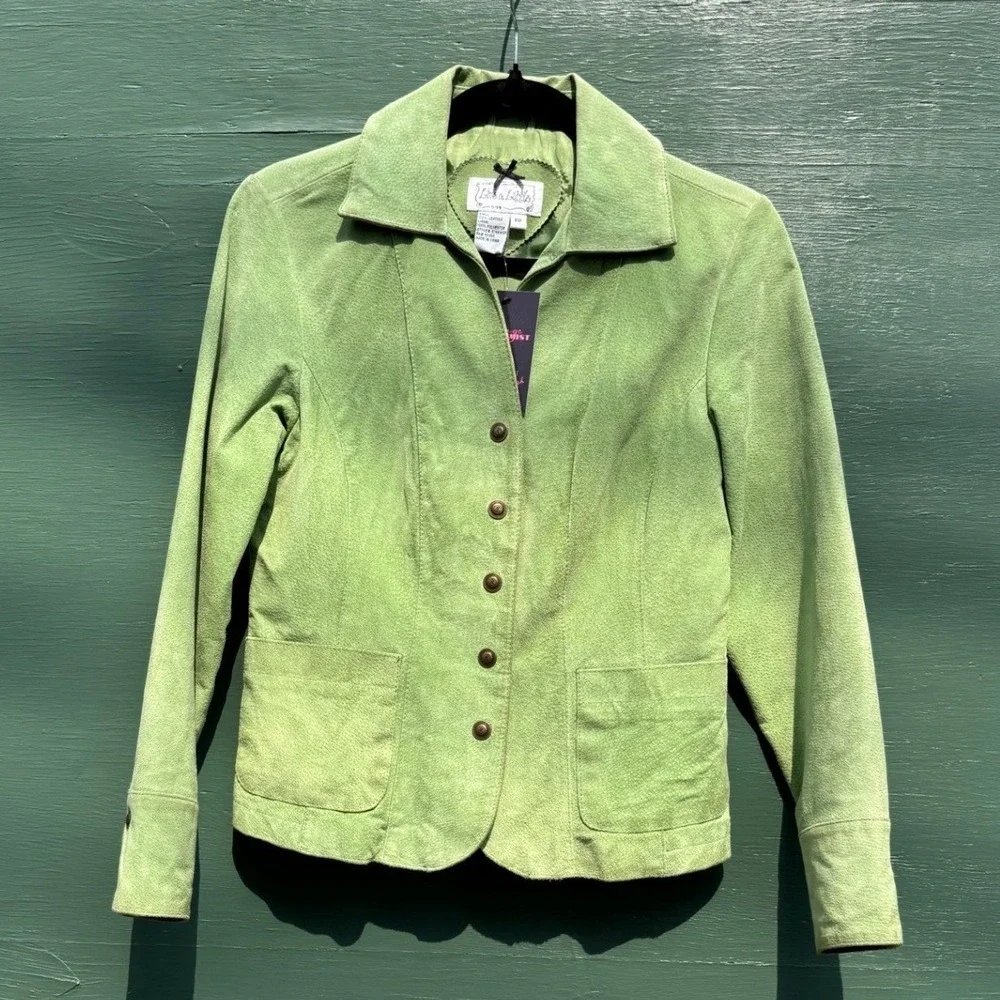 Green Leather Suede Jacket Lightweight Small Y2K Chartreuse Minimalism Preppy